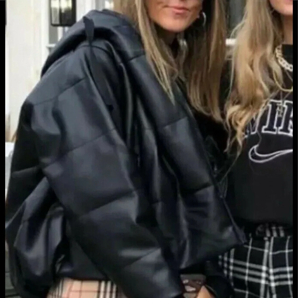 ZARA Black Faux Leather Puffer Jacket sz Medium